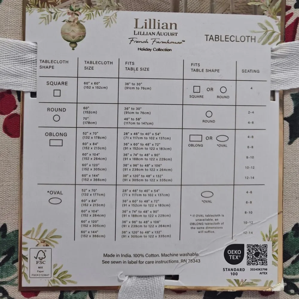 New Lillian August Cotton Tablecloth Holly Christmas Tan 60